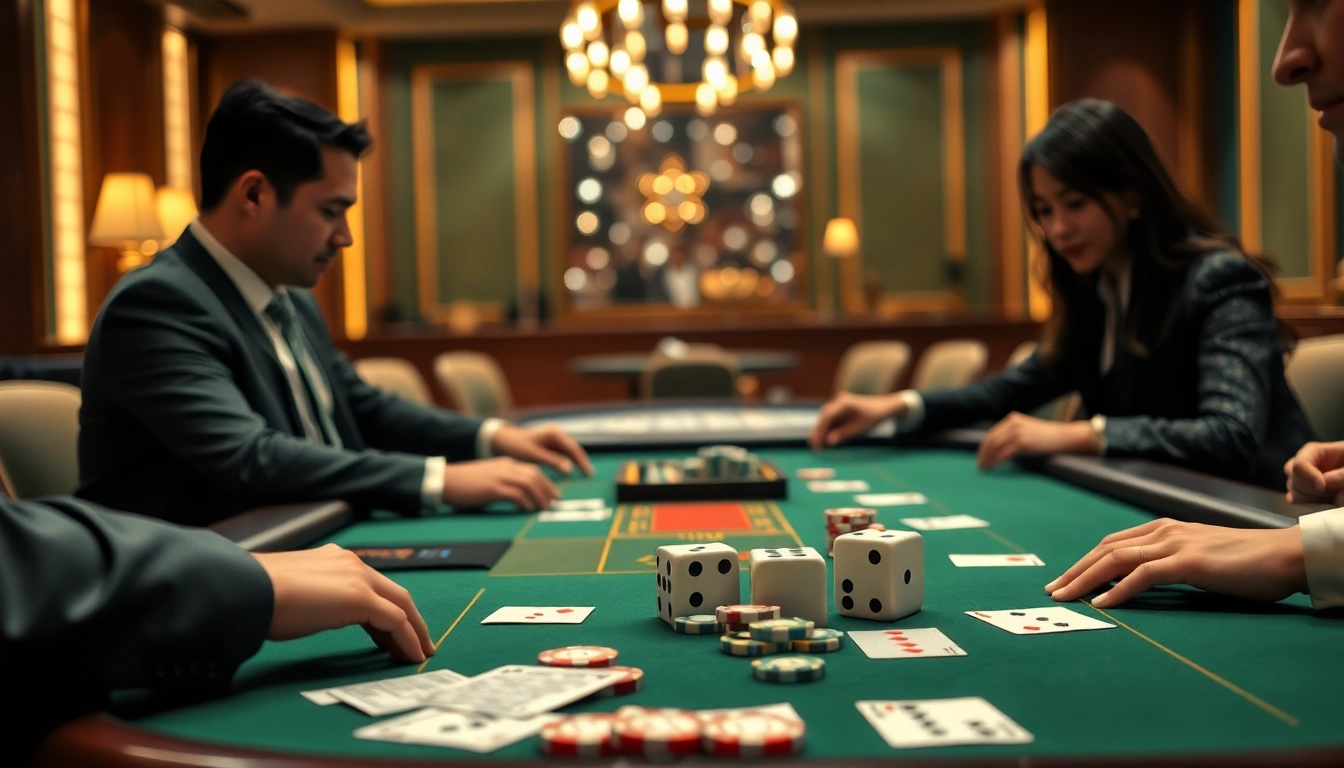 Players enjoying a game of tài xỉu md5 at a luxurious casino table with exciting visuals.