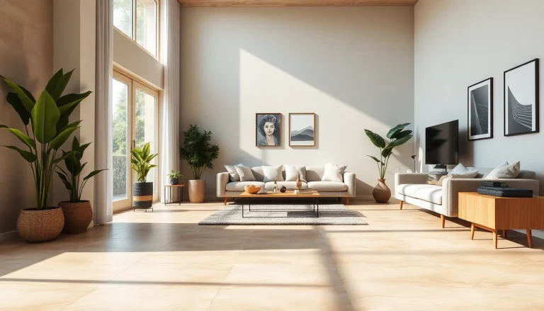 Sol en carrelage élégant dans un salon moderne, baigné par la lumière naturelle.