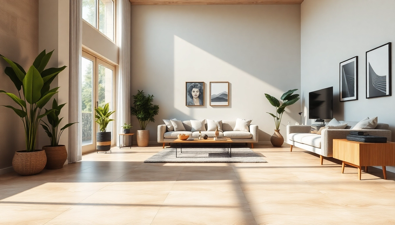 Sol en carrelage élégant dans un salon moderne, baigné par la lumière naturelle.