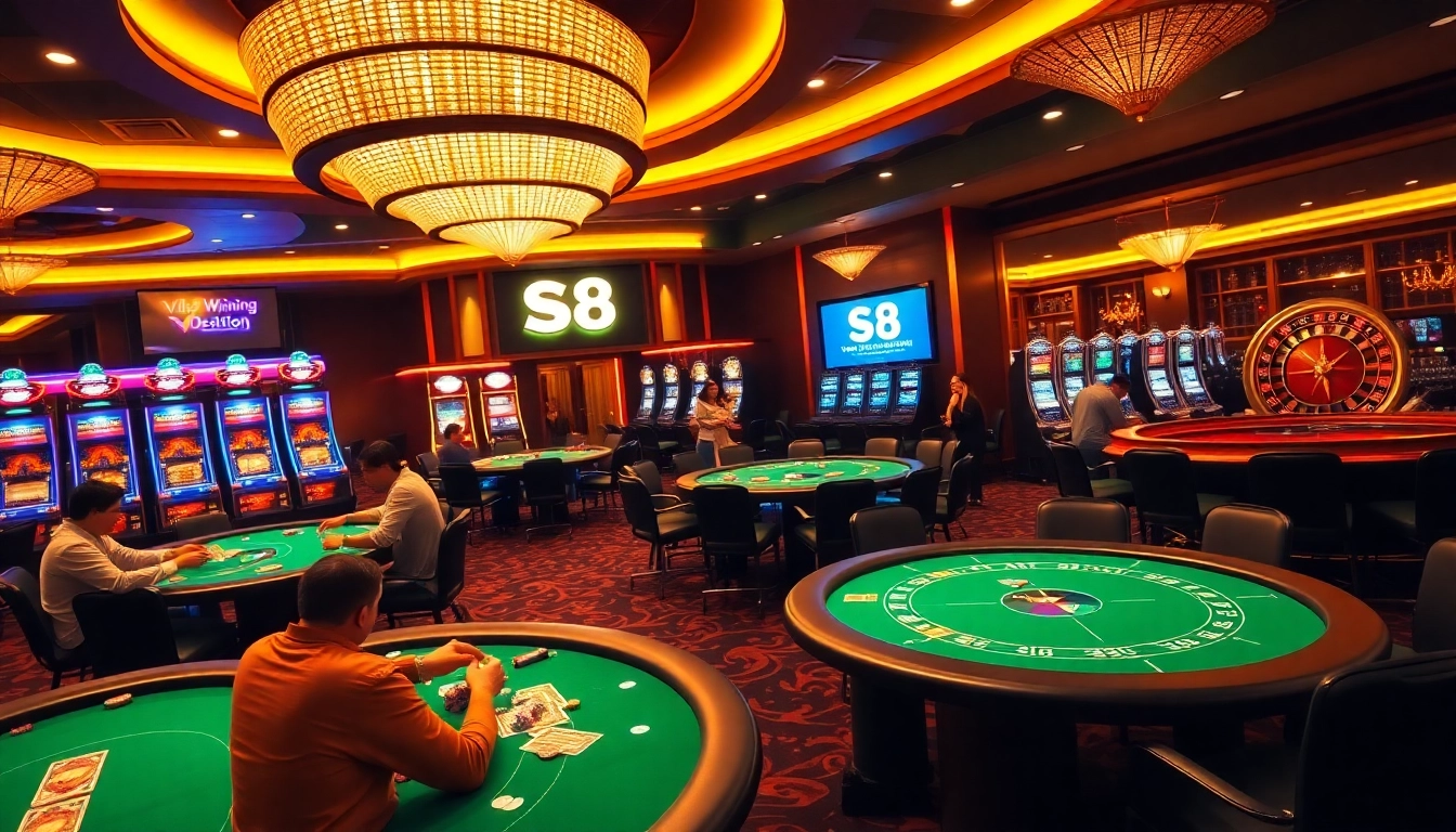 Experience the thrill of winning at S8 casino with vibrant card tables and dynamic gaming action.