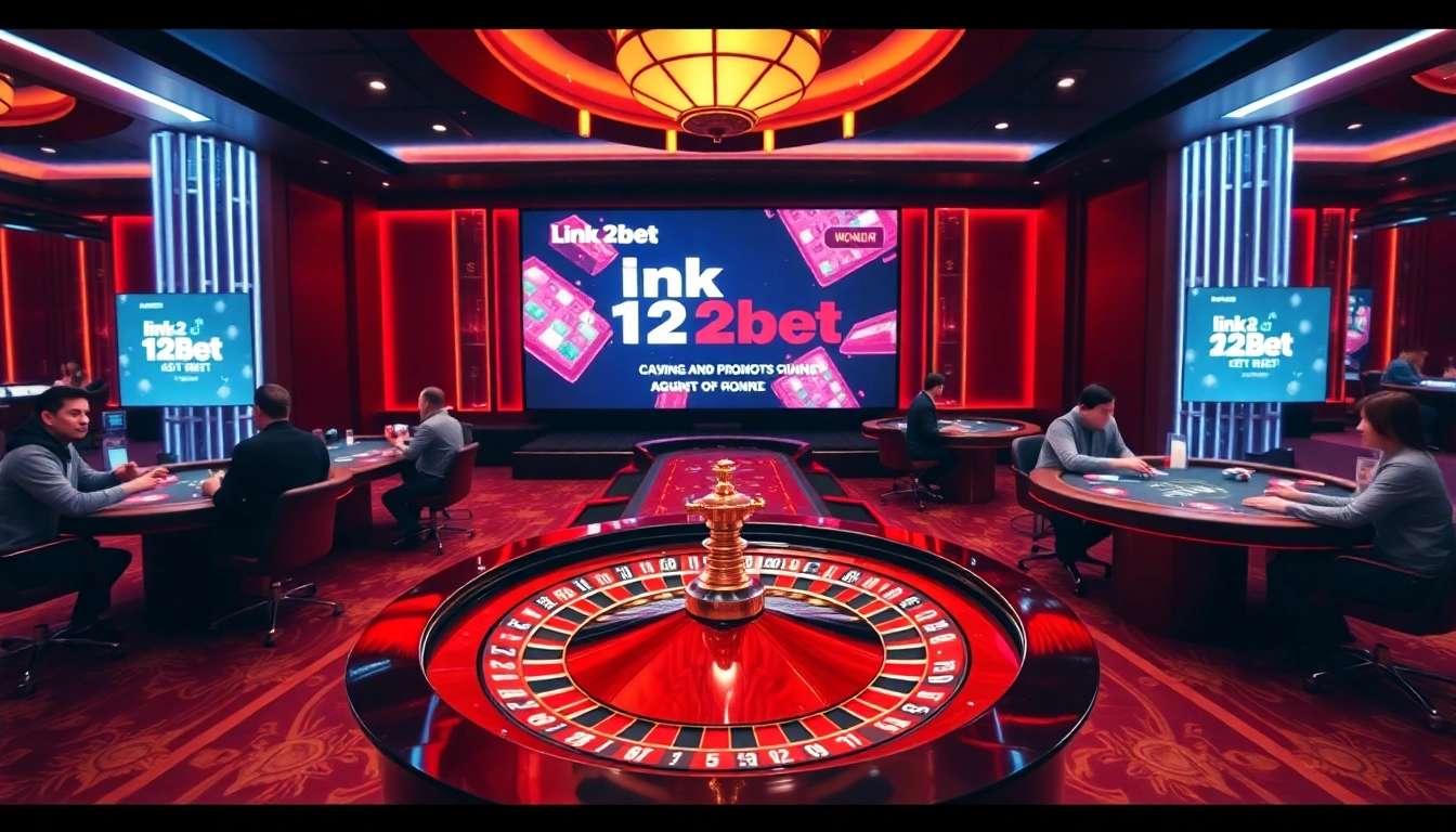 Engaging scene of excitement at a casino showcasing link 12bet with roulette and poker tables.