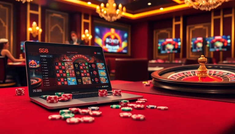 S8 online casino interface showcasing vibrant poker chips and a dealer shuffling cards