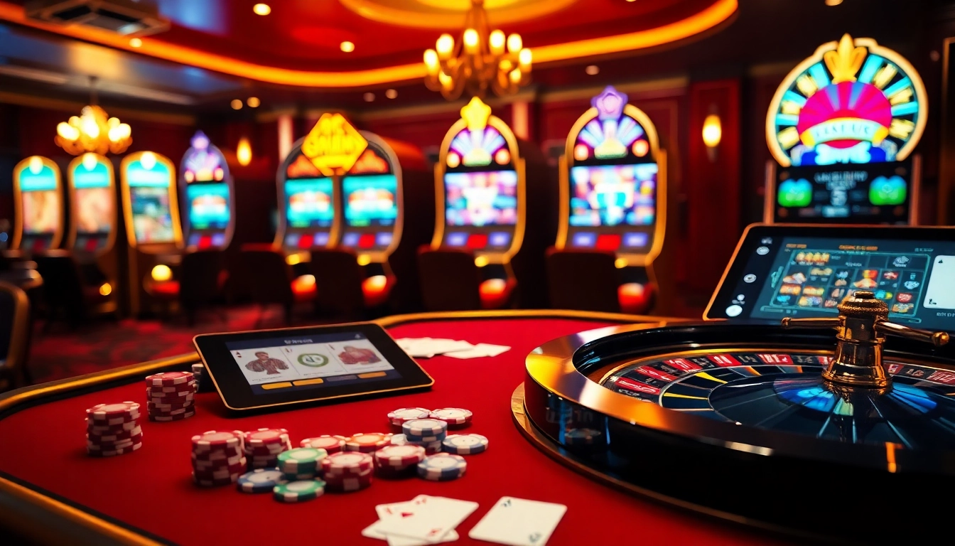 Players celebrating their wins in a vibrant casino scene featuring okfun gaming elements.