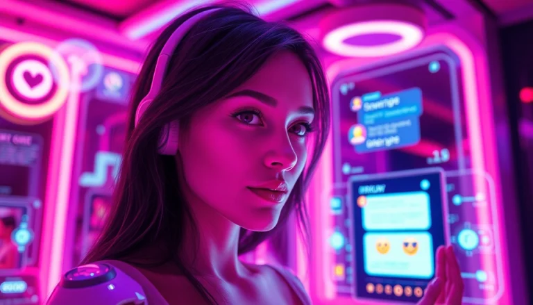 Engaging sexy AI chat interface with a playful holographic companion in vibrant colors.