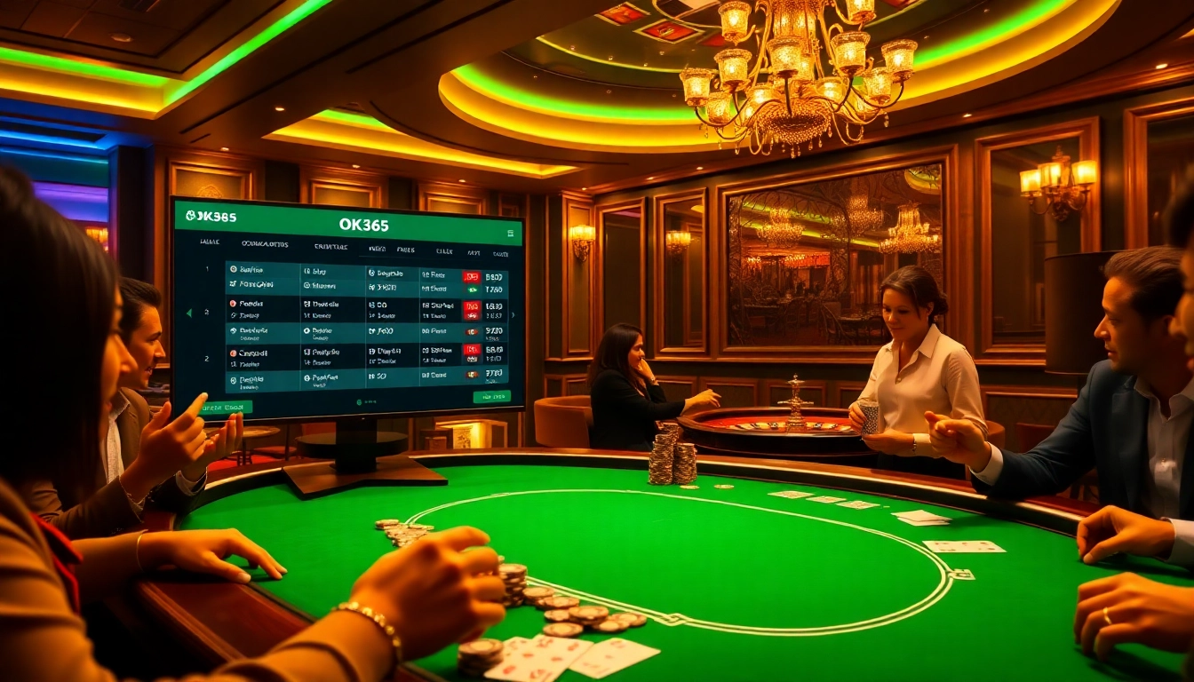 Players enjoying a poker game at OK365's luxurious casino table with vibrant atmosphere.