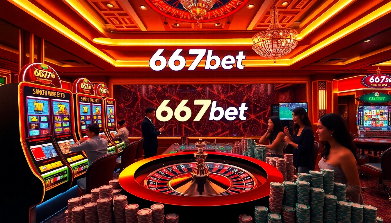 Experience the thrill of 667bet with players enjoying various games at a luxurious casino setting.