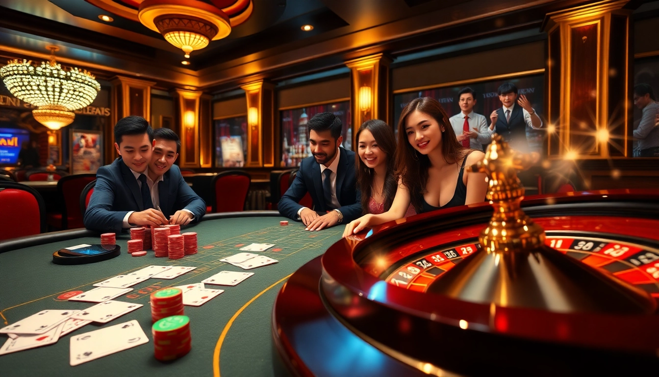 Players enjoy a thrilling game of blackjack at 333bet casino, showcasing excitement and luxury.