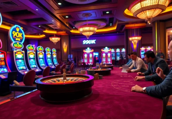 Exciting casino action at 99OK with vibrant tables and enthusiastic players in a luxury setting.