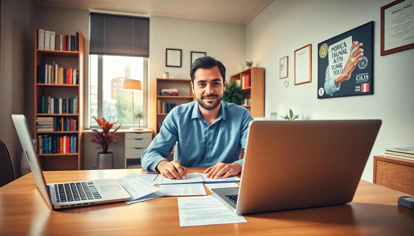 Traducteur professionnel présentant les services de traduction certifiée dans un bureau moderne.