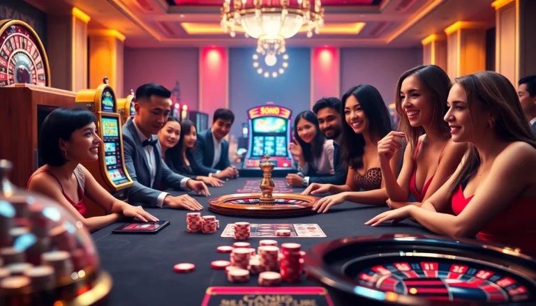 Excited players enjoying a vibrant luckywin casino scene with poker chips, slot machines, and a roulette wheel.