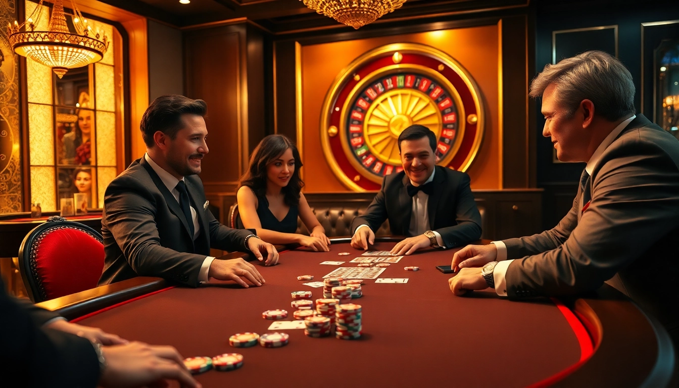 Players enjoying an intense poker game at a luxurious casino table, showcasing OK365's vibrant atmosphere.
