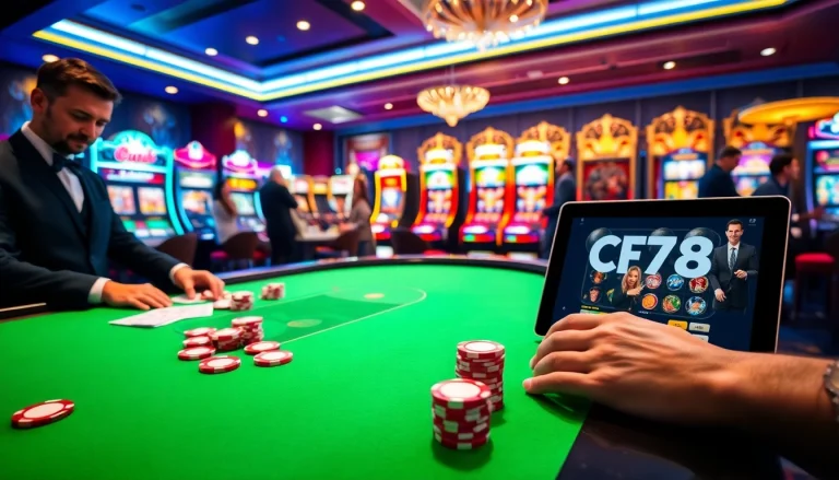 Experience thrilling gaming moments at CF789's luxurious casino scene with vibrant poker and slot visuals.
