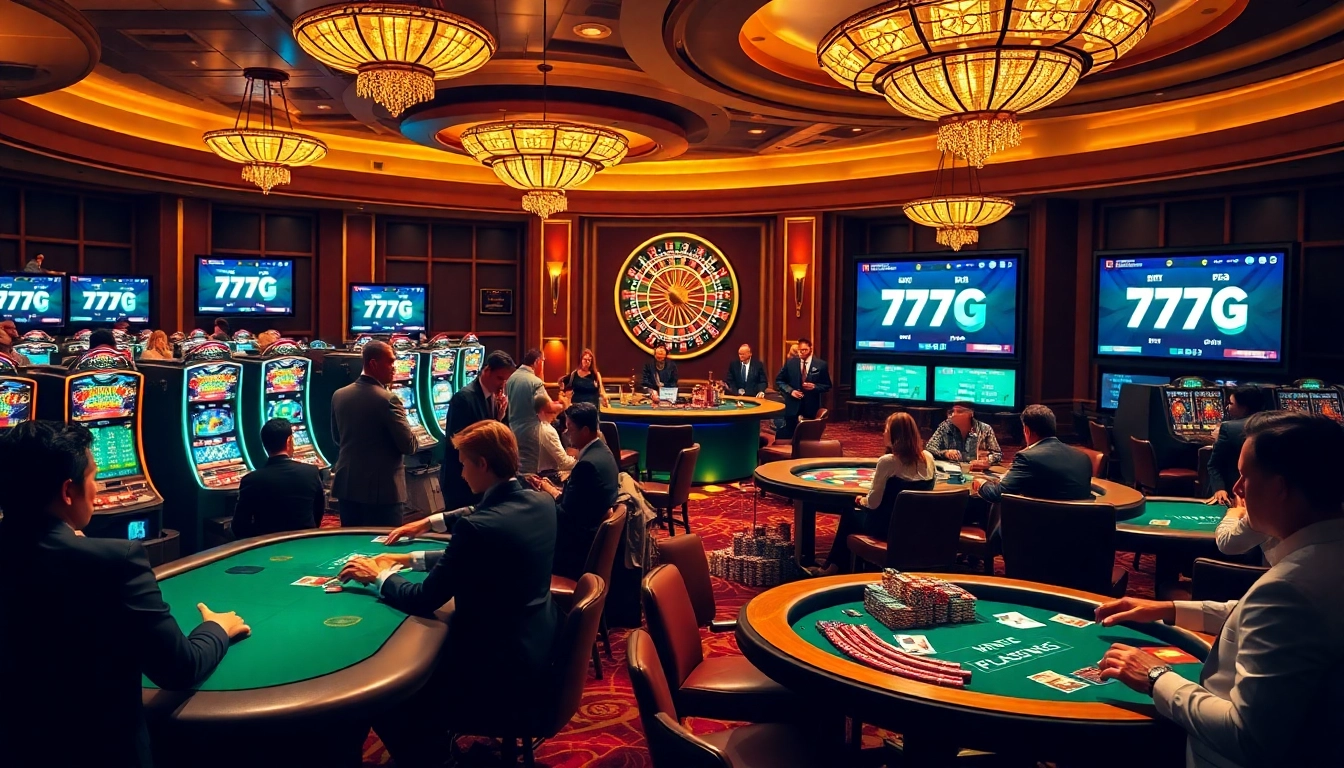 Experience exhilarating moments with 777g on a vibrant casino floor featuring poker tables.
