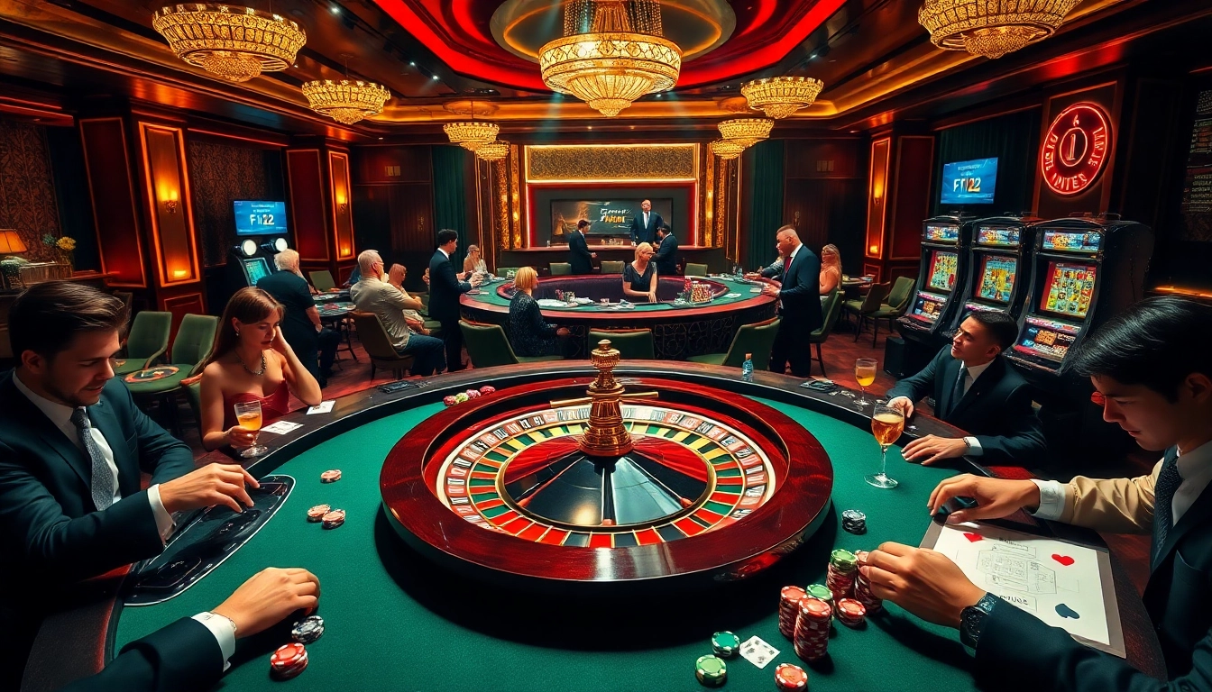 Experience the thrill of winning at https://f122.com.br/ with vibrant cards and roulette in a luxurious casino scene.