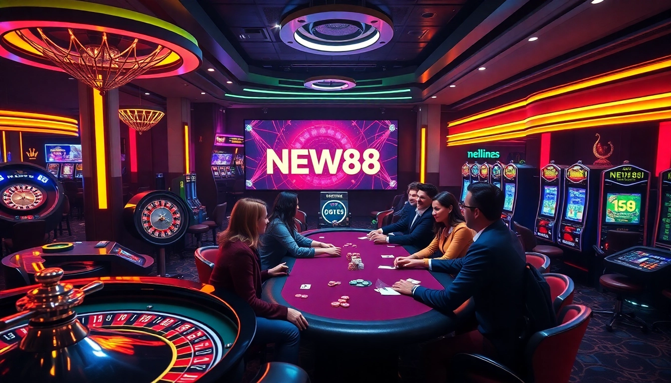 Players enjoying an exciting game at NEW88 casino, showcasing vibrant tables and thrilling atmosphere.
