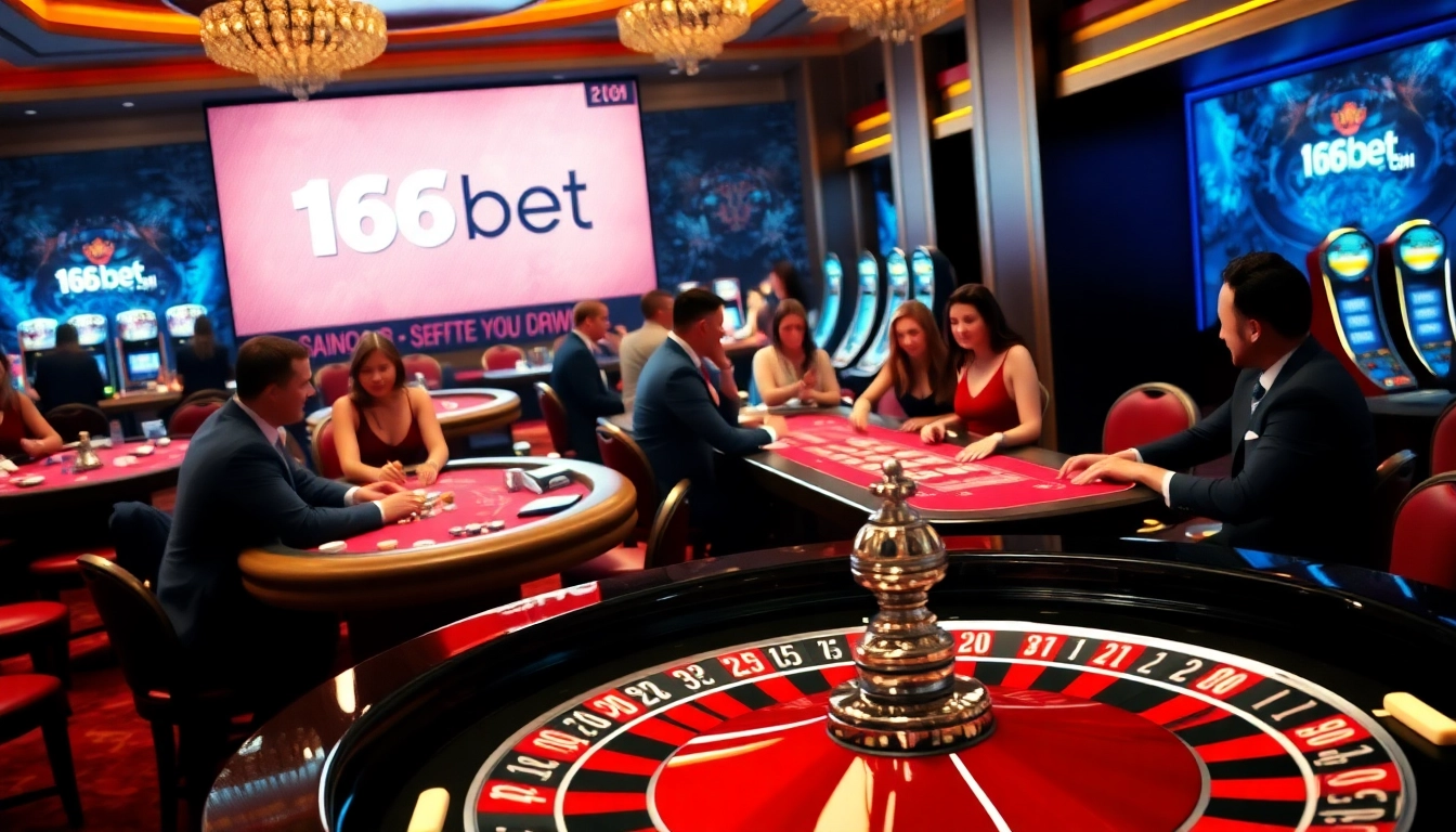 Experience thrilling gameplay at 166bet casino with vibrant roulette and playing tables illuminated in luxury.