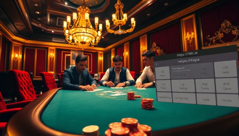 Engaged players at a poker table in a luxurious casino, featuring elements of https://cf789.lat.