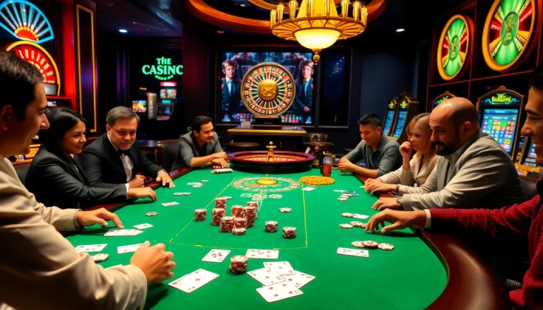 Players enjoying poker at CPC188.org's luxurious casino table amidst vibrant atmosphere