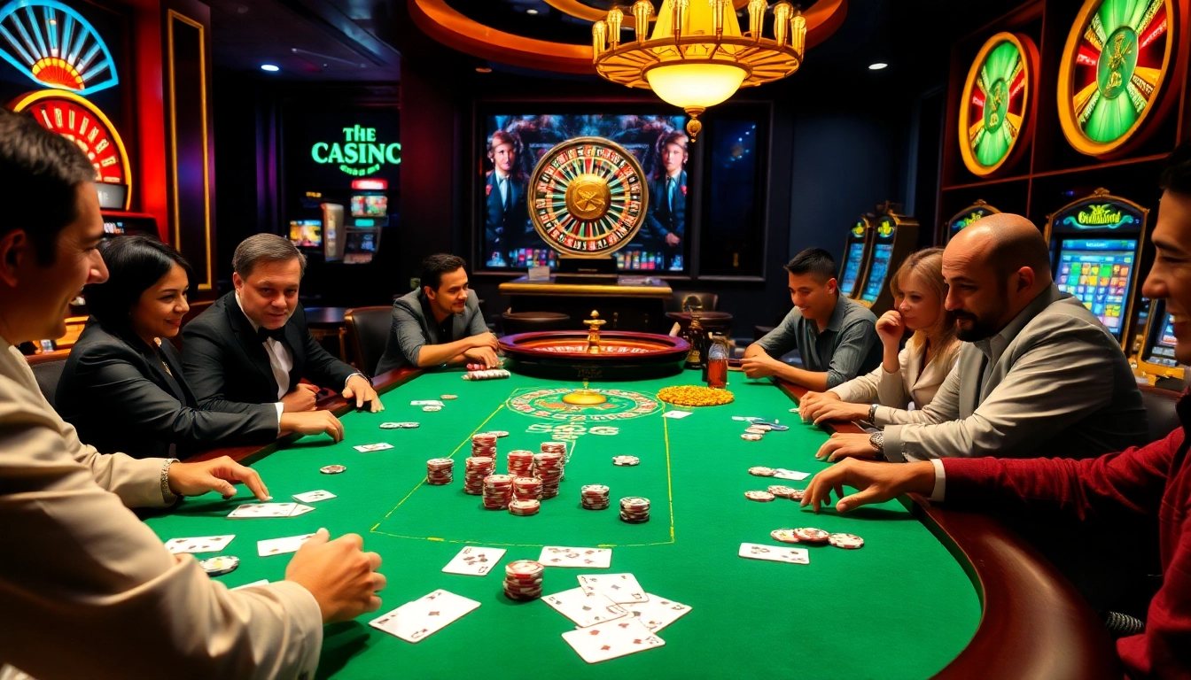 Players enjoying poker at CPC188.org's luxurious casino table amidst vibrant atmosphere