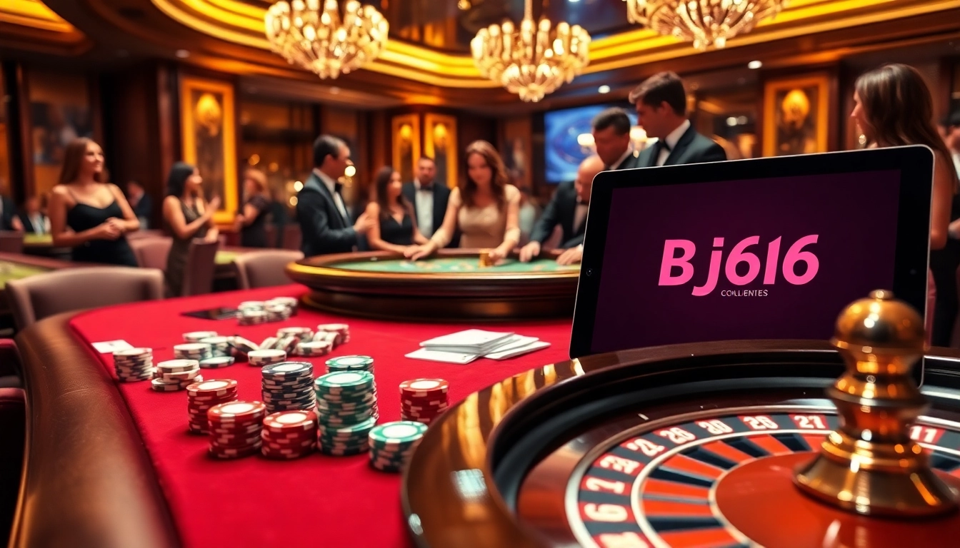 Bj66 players enjoying an exciting poker game at a luxurious casino table with vibrant atmosphere.