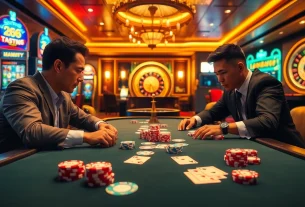 TK88 players engaging at a luxurious poker table surrounded by colorful gaming elements.