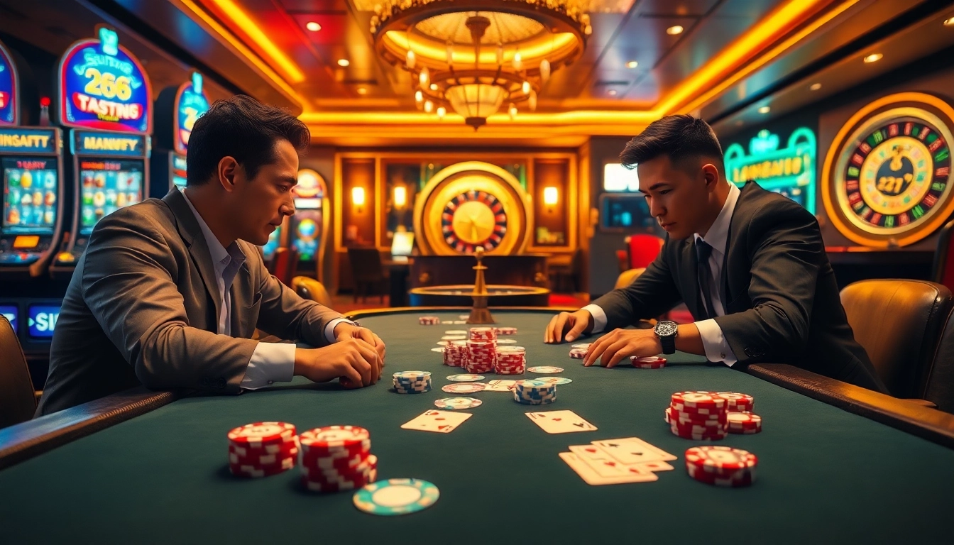 TK88 players engaging at a luxurious poker table surrounded by colorful gaming elements.