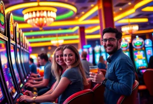 Un joueur souriant dans un crypto casino, avec une ambiance dynamique et des machines à sous colorées.