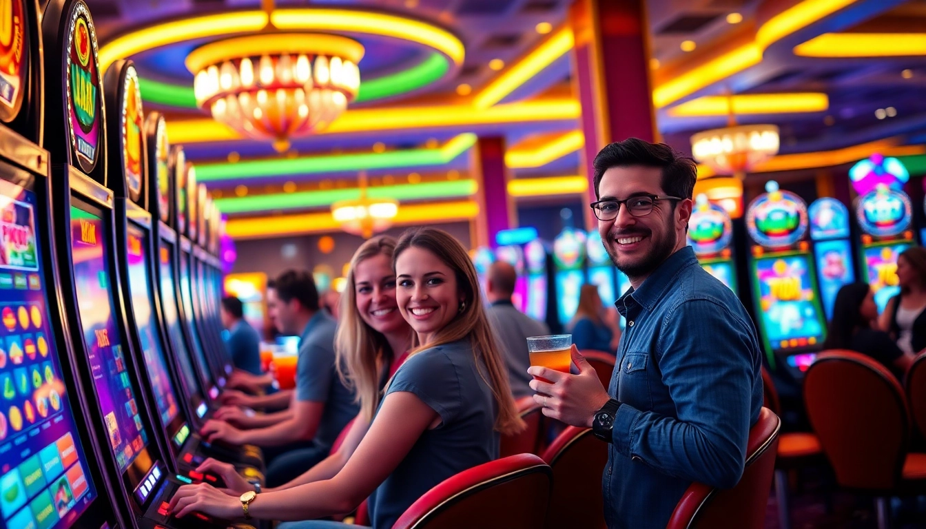 Un joueur souriant dans un crypto casino, avec une ambiance dynamique et des machines à sous colorées.