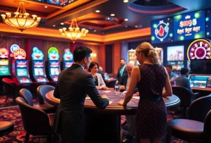 Drukātas prijuotes redzamas pie dzīvīga kazino galda ar spēlētājiem un žetoniem.