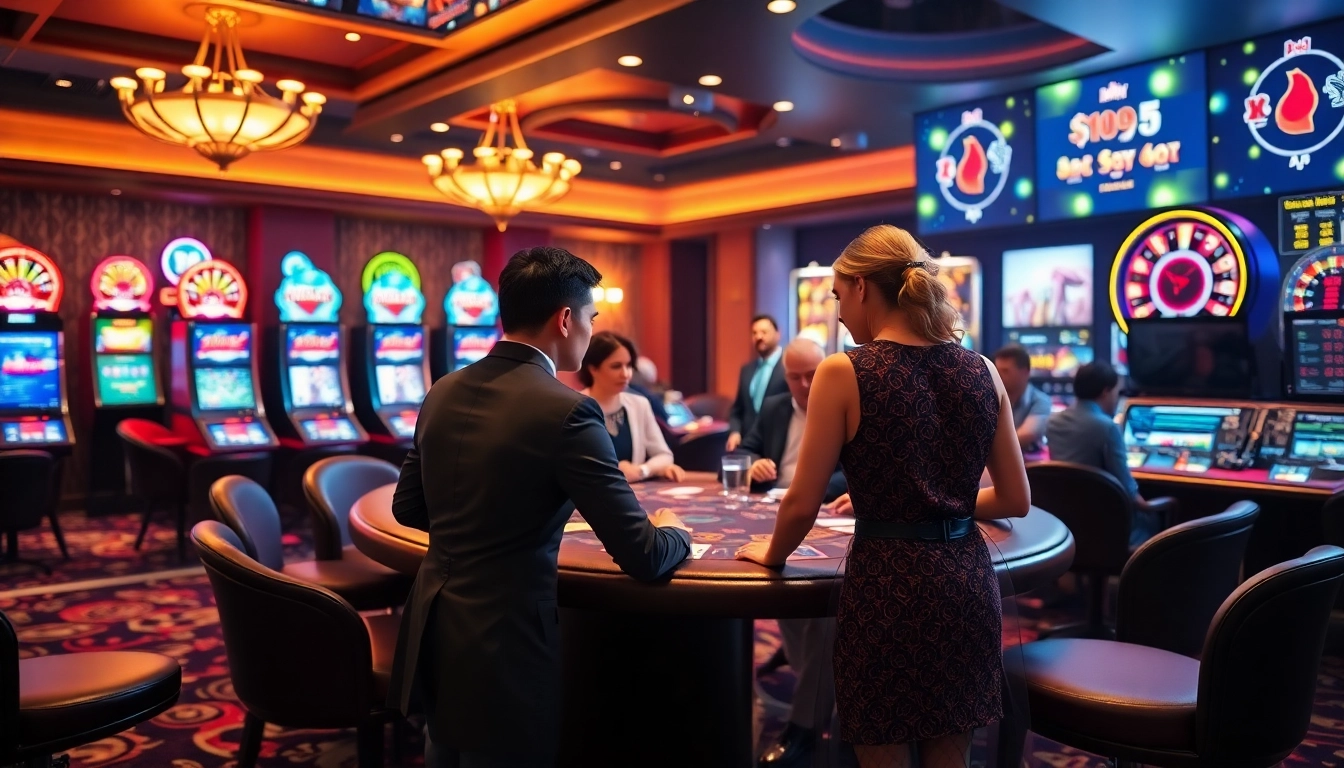 Drukātas prijuotes redzamas pie dzīvīga kazino galda ar spēlētājiem un žetoniem.