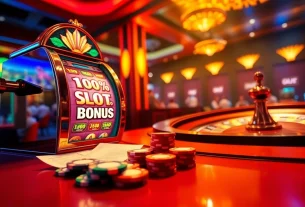 Engage with the vibrant ambiance of a casino featuring a slot bonus machine, chips, and an exciting betting environment.