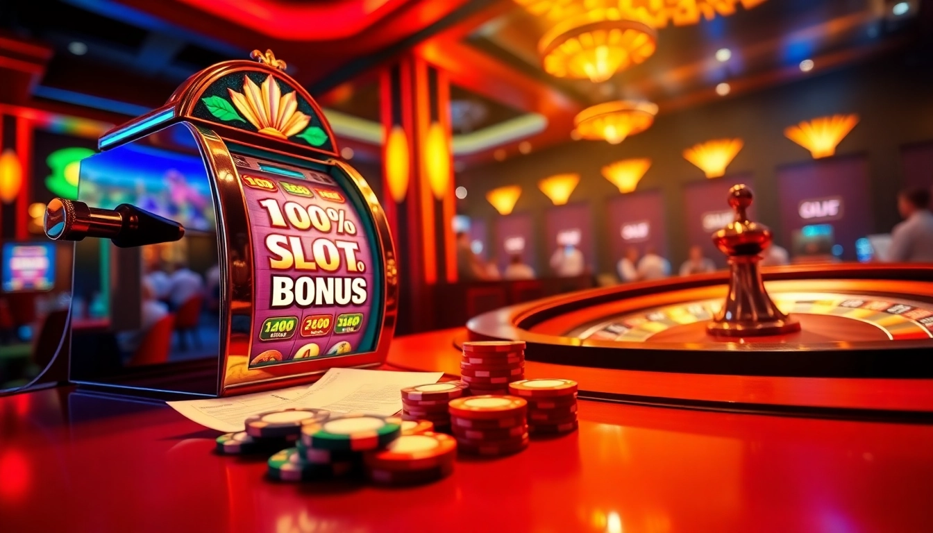 Engage with the vibrant ambiance of a casino featuring a slot bonus machine, chips, and an exciting betting environment.