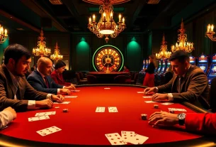 Players engaging in a high-stakes poker game with C168-themed cards in a luxurious casino setting.