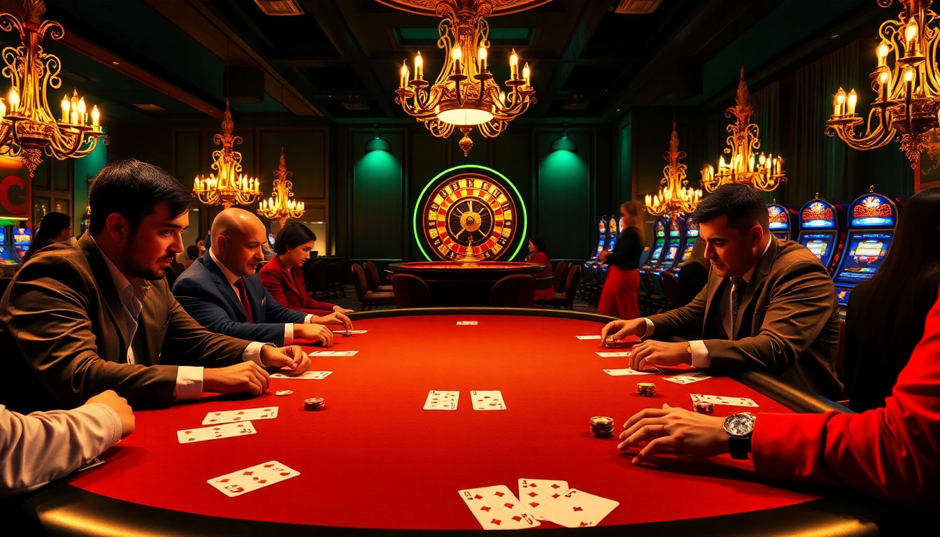 Players engaging in a high-stakes poker game with C168-themed cards in a luxurious casino setting.