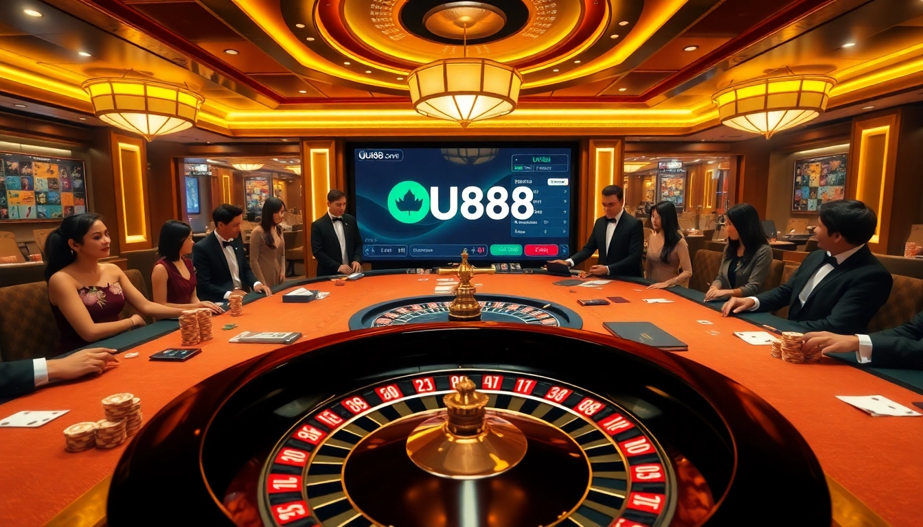 UU88 casino with glamorous players enjoying a roulette table and poker chips.