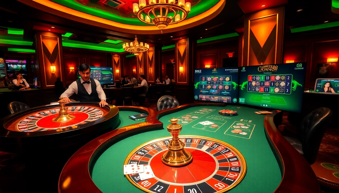 Crown88 casino table with vibrant lights and professional dealers offering an exciting gambling experience.