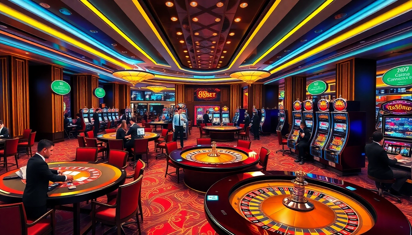 Exciting gambling scene at 8KBET Casino with players at tables and slot machines.