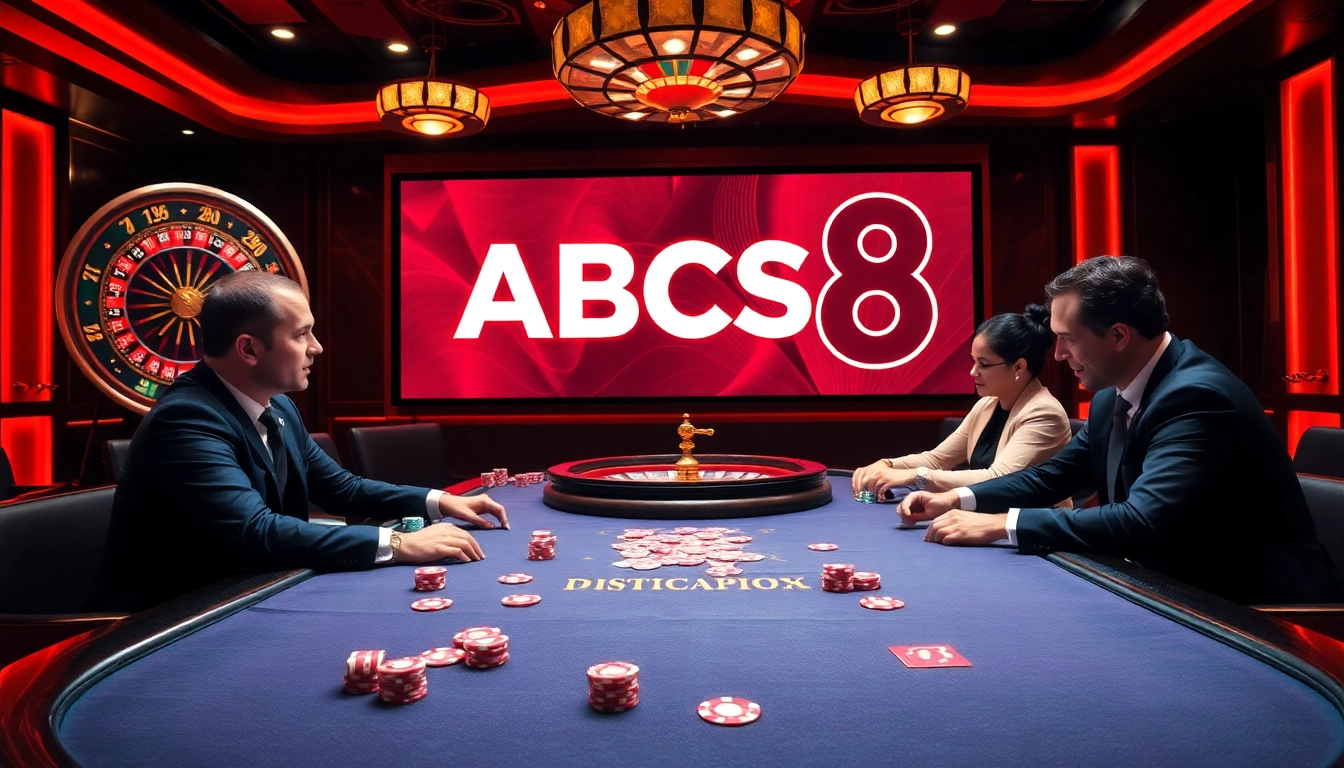 Gambling excitement at ABC8 casino with poker chips, cards, and roulette wheel.