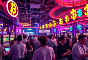 Expérience immersive dans un crypto casino avec des joueurs et des lumières vives.