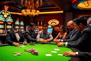 Engage in high-stakes poker at a luxurious casino table featuring S8 poker chips and vibrant slot machines.