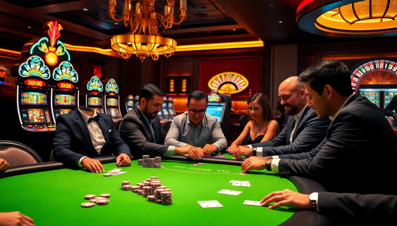 Engage in high-stakes poker at a luxurious casino table featuring S8 poker chips and vibrant slot machines.