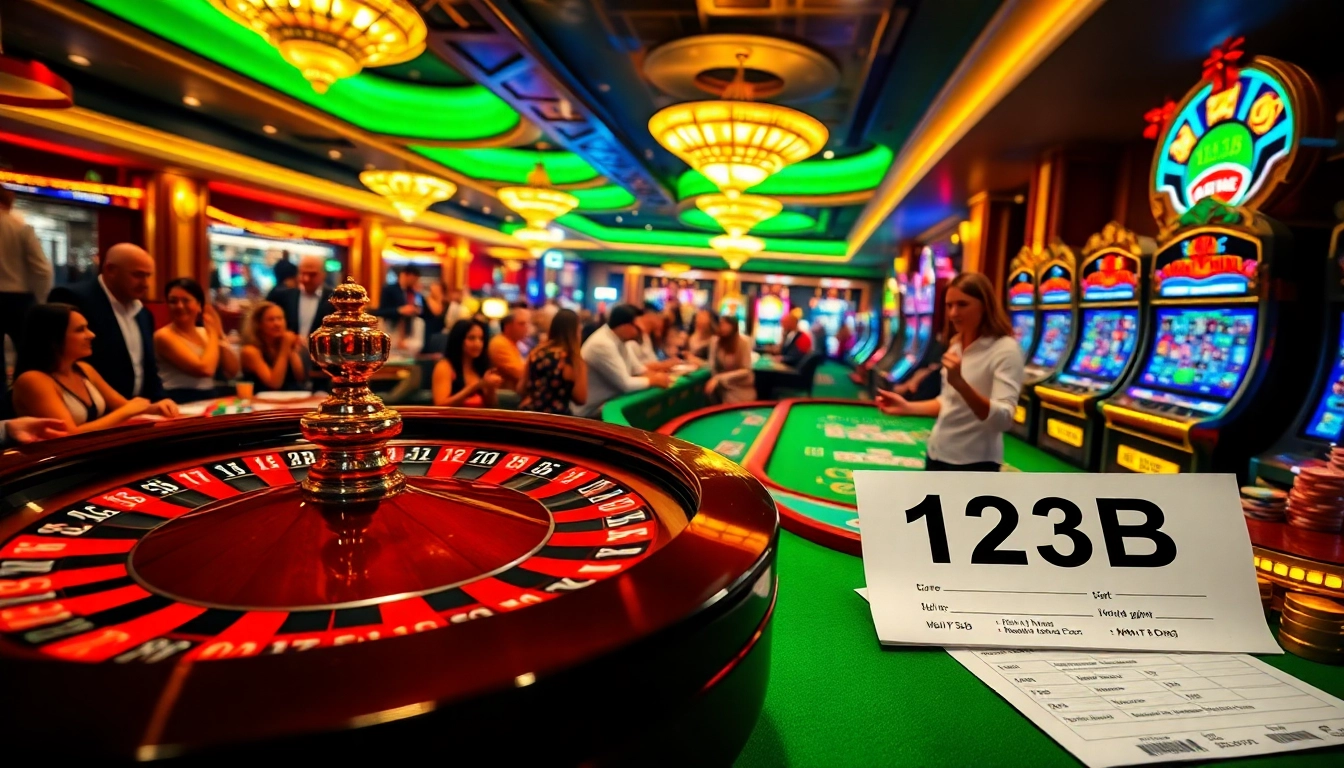 Excited gamblers placing bets at a luxurious casino featuring 123B elements in the scene.