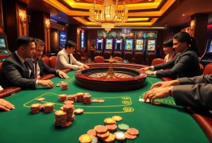 Experience thrilling gameplay at https://lucky88sss.com/ featuring a baccarat table and vibrant casino atmosphere.