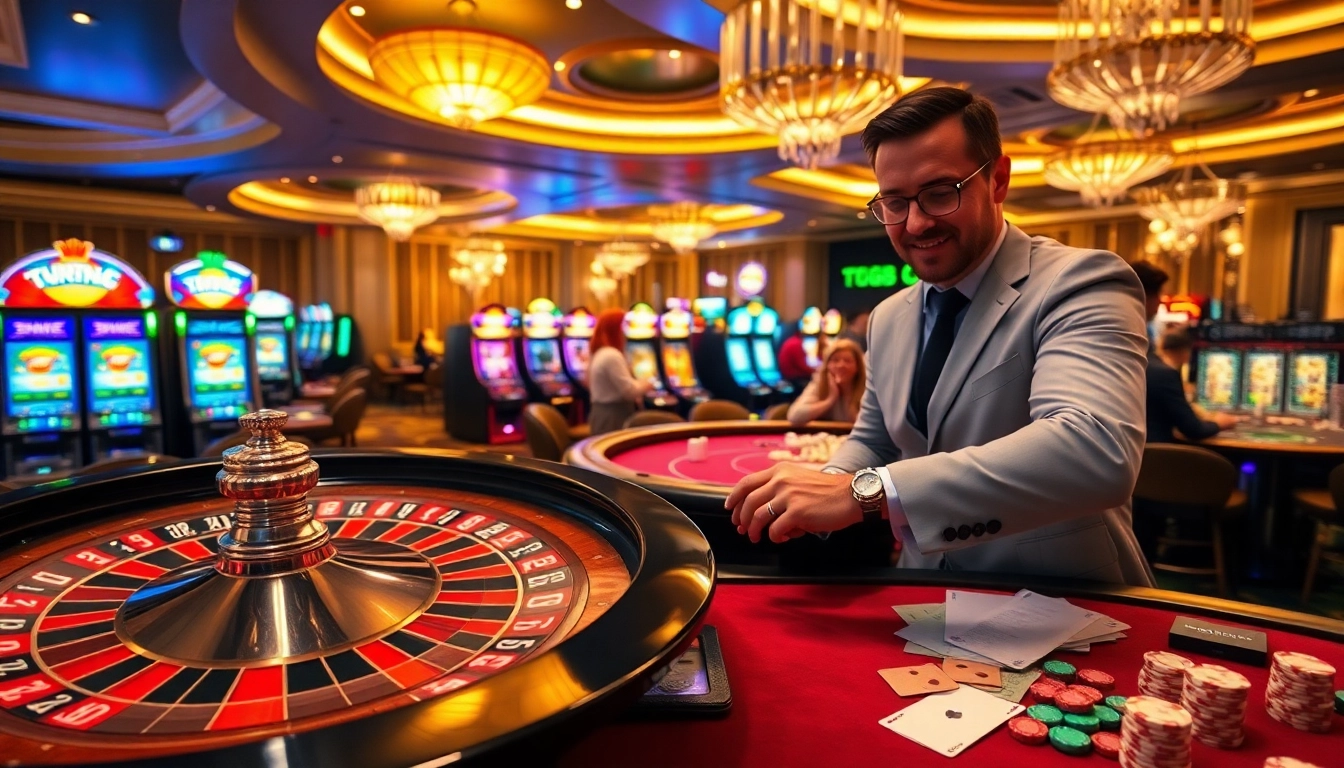 Excited players engaging in high-stakes gambling at TG88's luxurious casino.