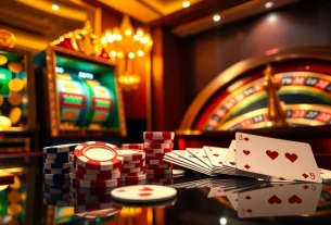 Experience the excitement of immersive gambling with Vua99's vibrant casino scene featuring slot machines and poker chips.