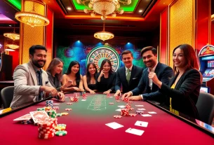 Engaging players at the qh88 casino table enjoy an exciting game with vibrant poker chips and cards.