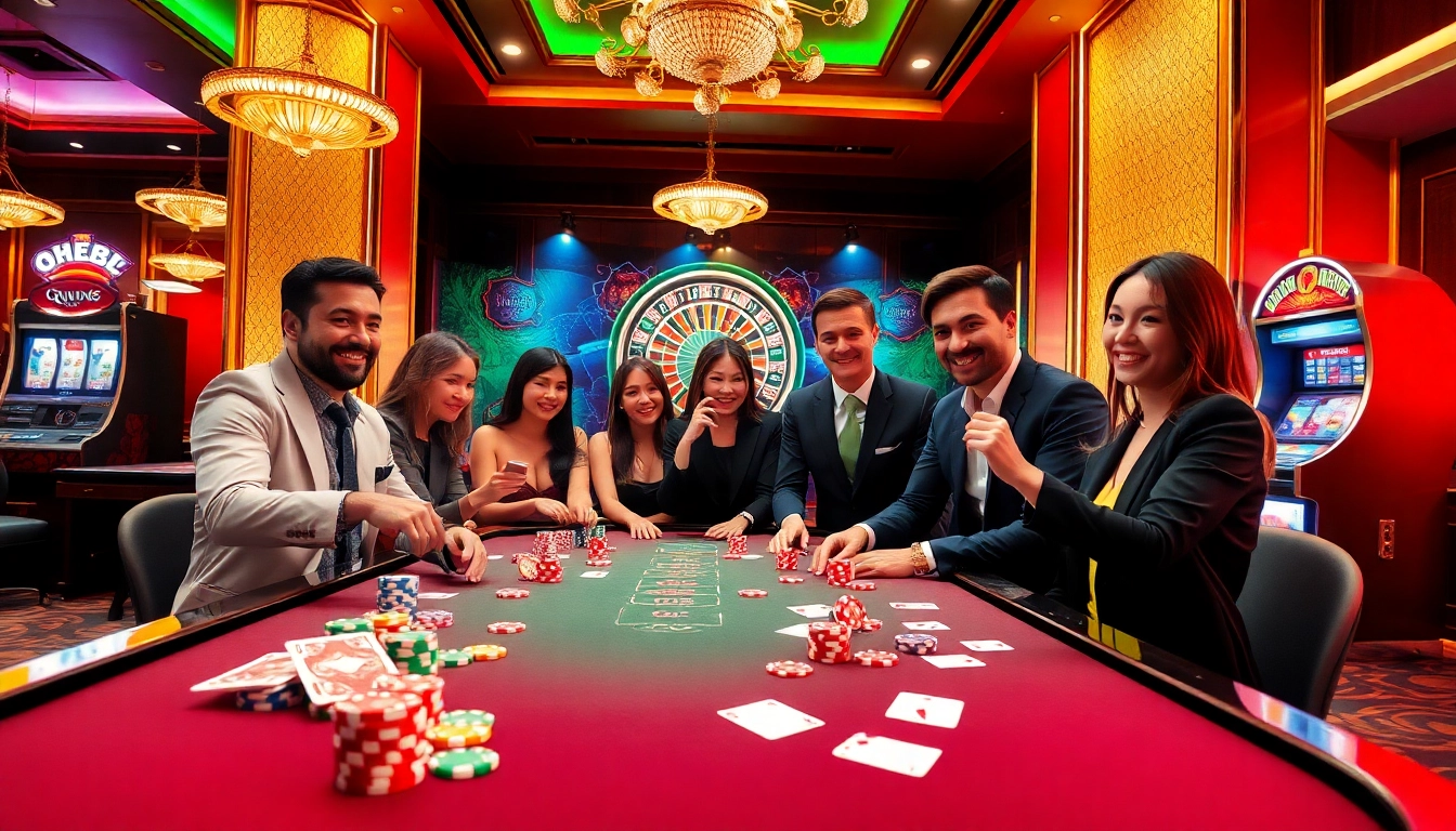 Engaging players at the qh88 casino table enjoy an exciting game with vibrant poker chips and cards.