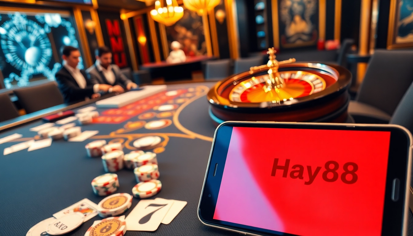 Hay88 casino experience showcasing a thrilling gambling scene with vibrant colors and engaged players.