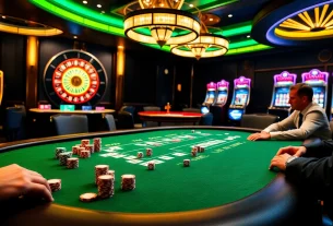 Exciting poker game at Ev88 casino with colorful chips and spinning roulette.