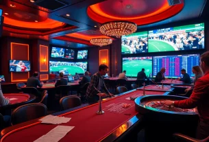 Dynamic betting scene showcasing the excitement of site de paris sportifs with gamblers and vibrant screens.